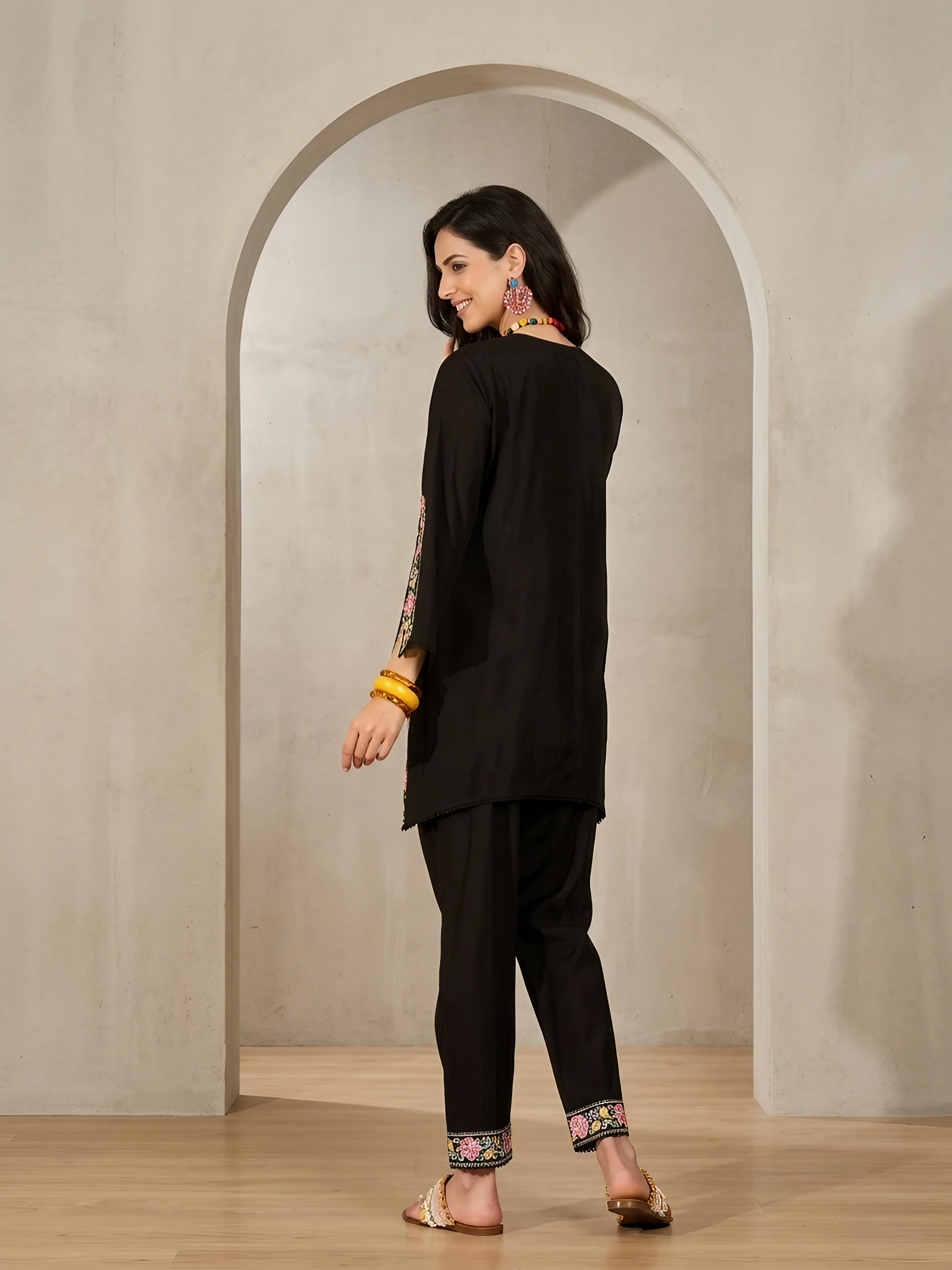 Women Roman Silk Black Embroidered Stitched Kurta pant set