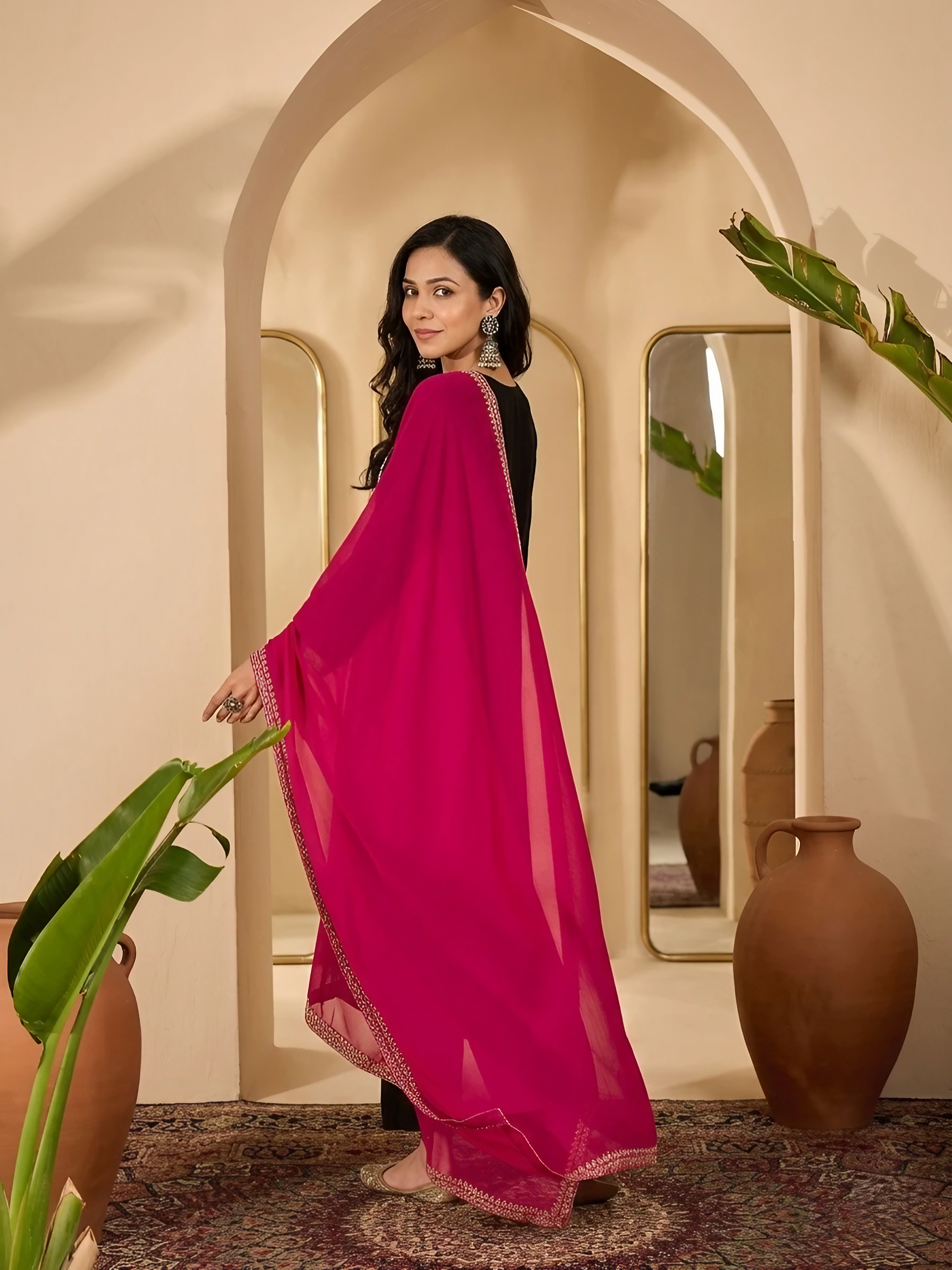 Women Vichitra Silk Black Stitched Embroidery  Kurta set with dupatta