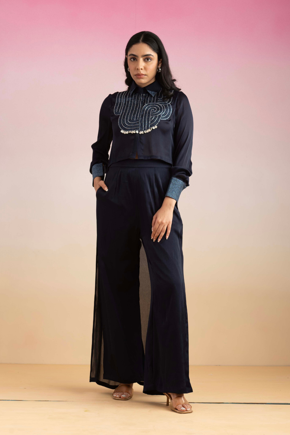 Sky Blue Chiffon Cham Cham Co-ord Set with Dori Embroidery