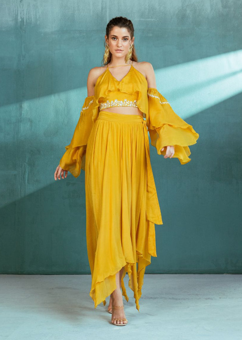 Mustard Chiffon Top Skirt Set