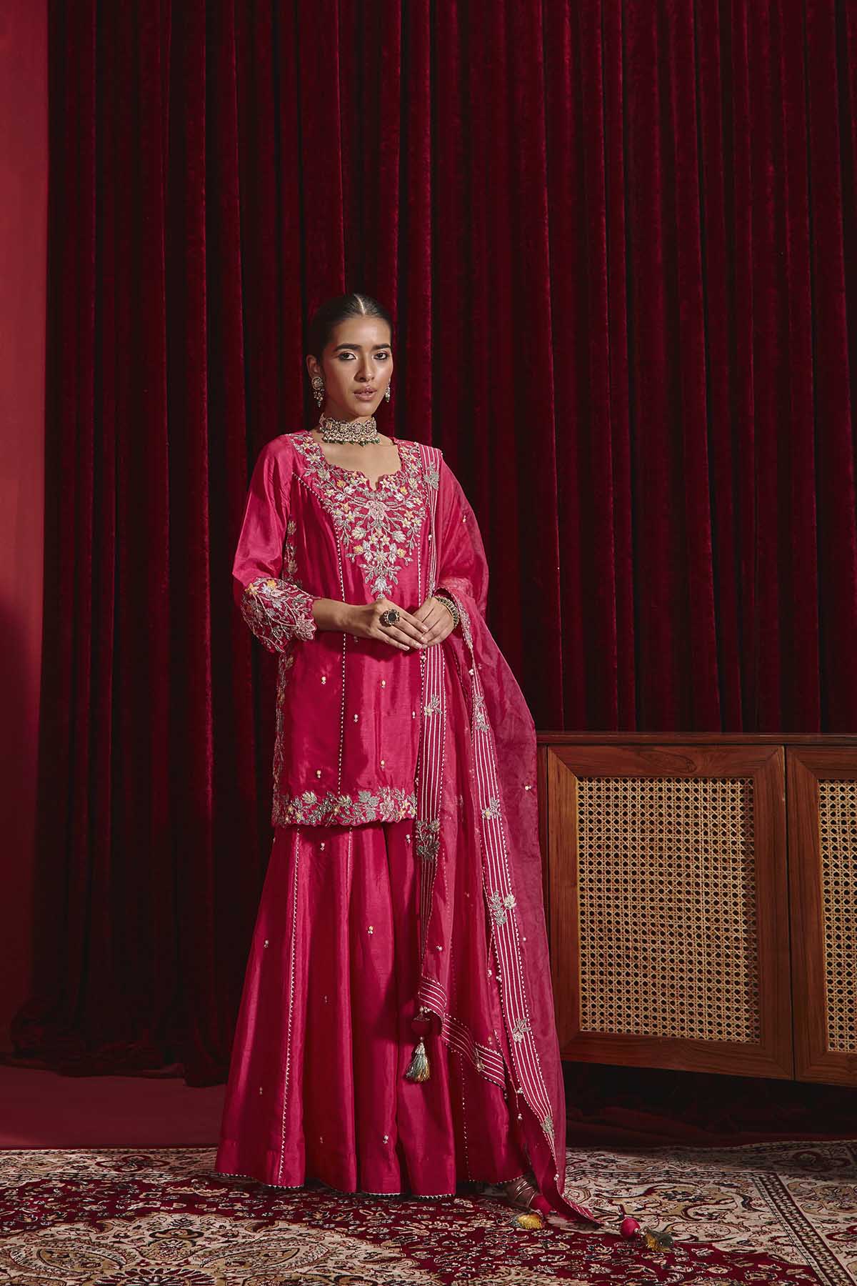 Rani Pink Embroidered Dupion Silk Kurta Garara Set - Barkat Collection