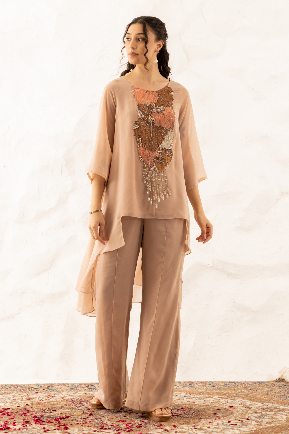 Kiara Co-ord Set – Nude Georgette Ensemble with Crystal Applique