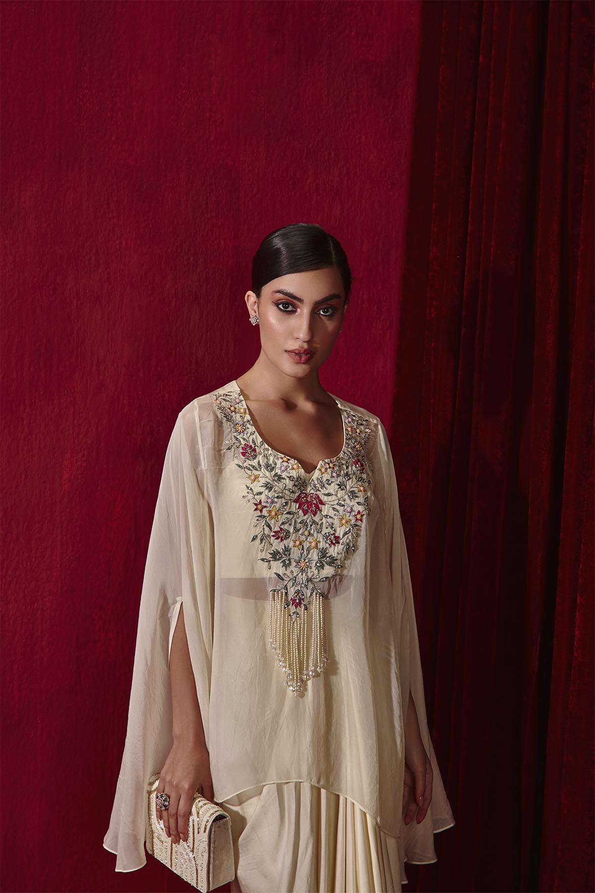 Chahat Ivory Embroidered Cape and Modal Silk Pick-up Skirt Set