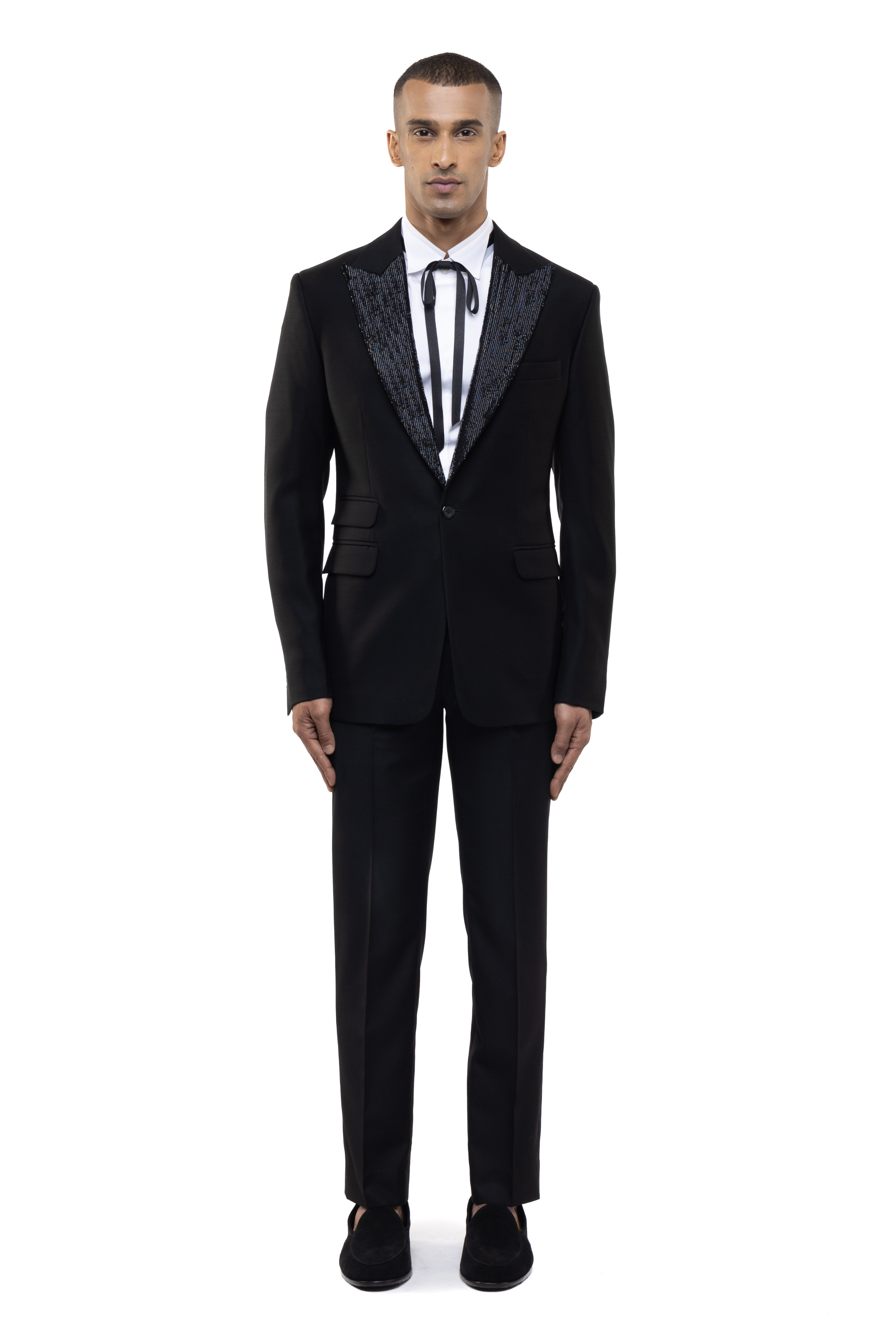 Black Worsted Wool Peak Lapel Beaded Accent Tuxedo Set