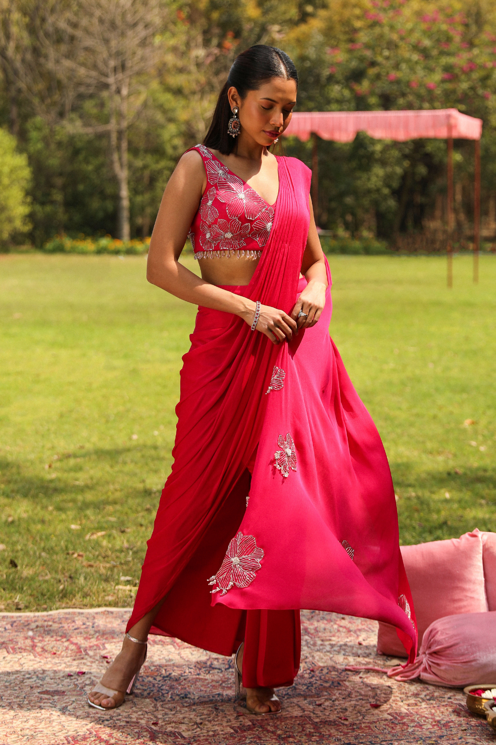 Rani Pink Piyari Drape Saree with Embellished Floral Blouse