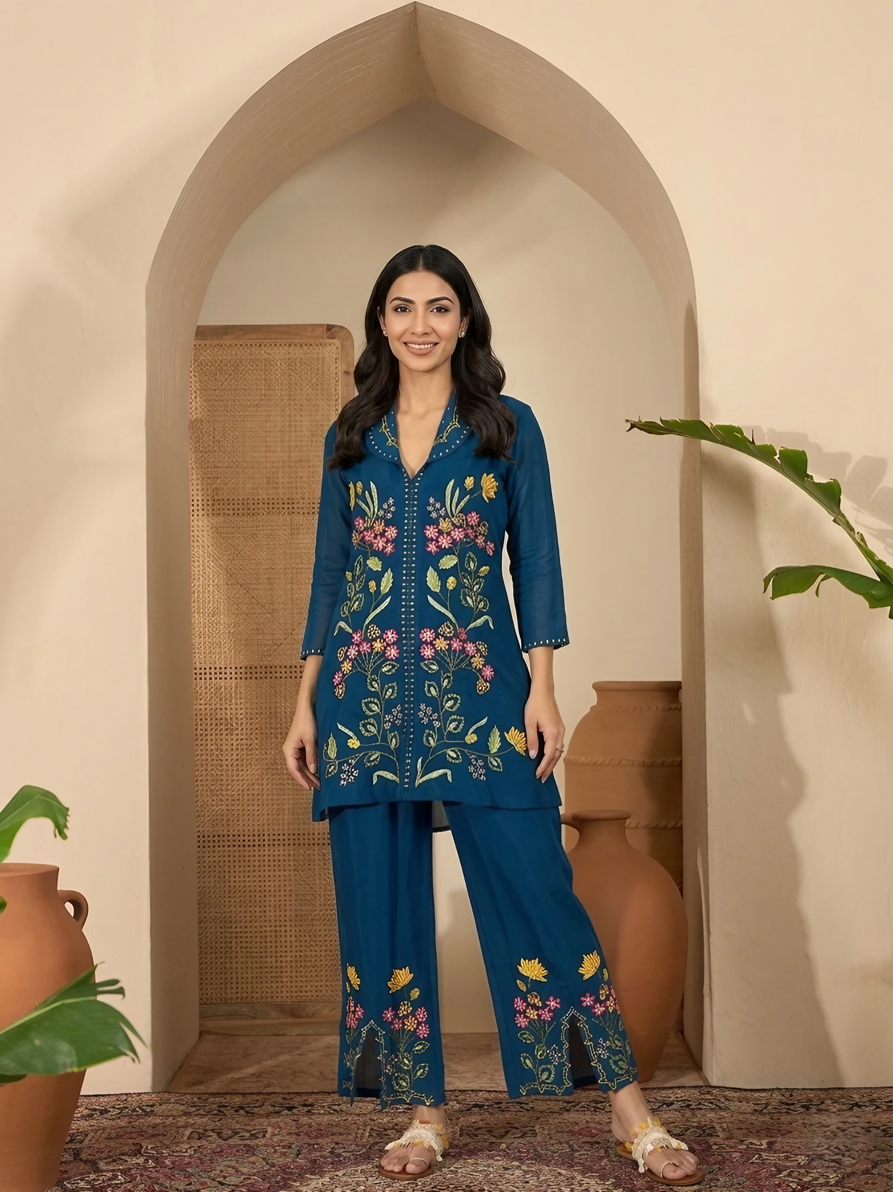 Women Roman Silk Blue Embroidered Stitched Kurta pant set