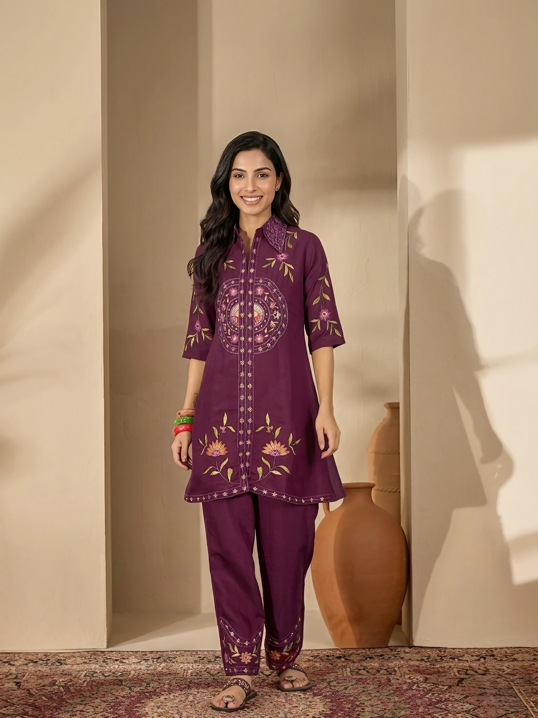 Women Roman Silk Purple Embroidered Stitched Kurta pant set