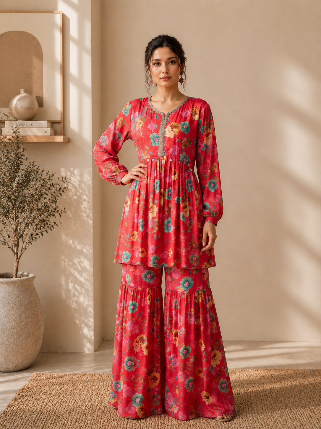 Women's Silk Blend Pink Stitched Kurta set