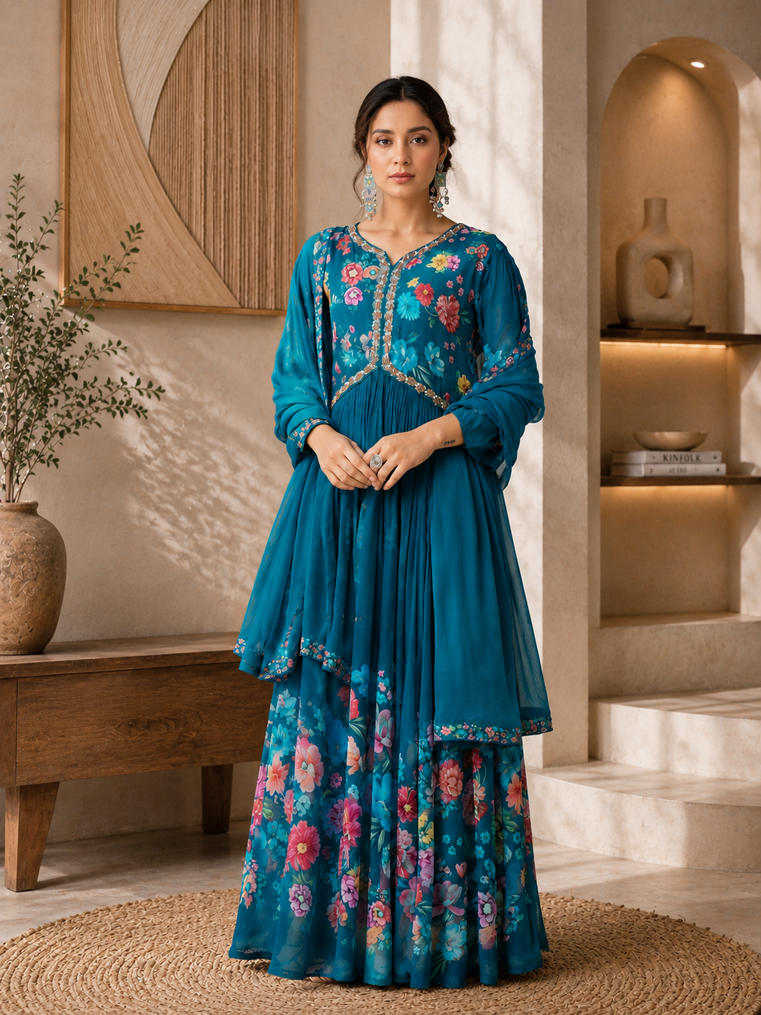 Women's Silk Blend Teal Stitched Kurta set