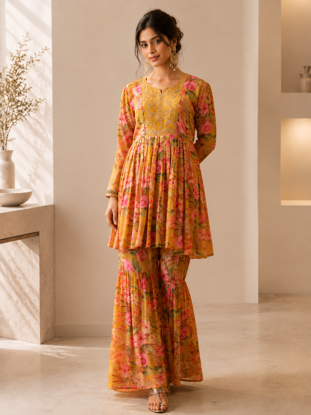 Women's Silk Blend Mustard Stitched Kurta set