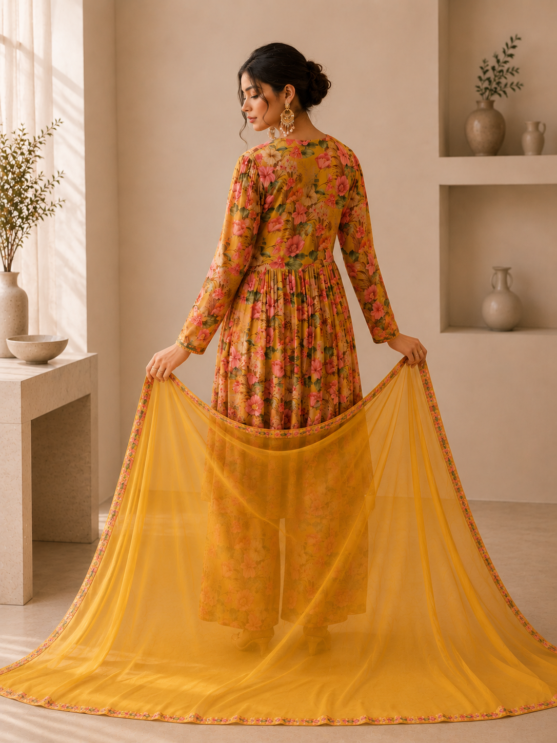 Women's Silk Blend Mustard Stitched Kurta set