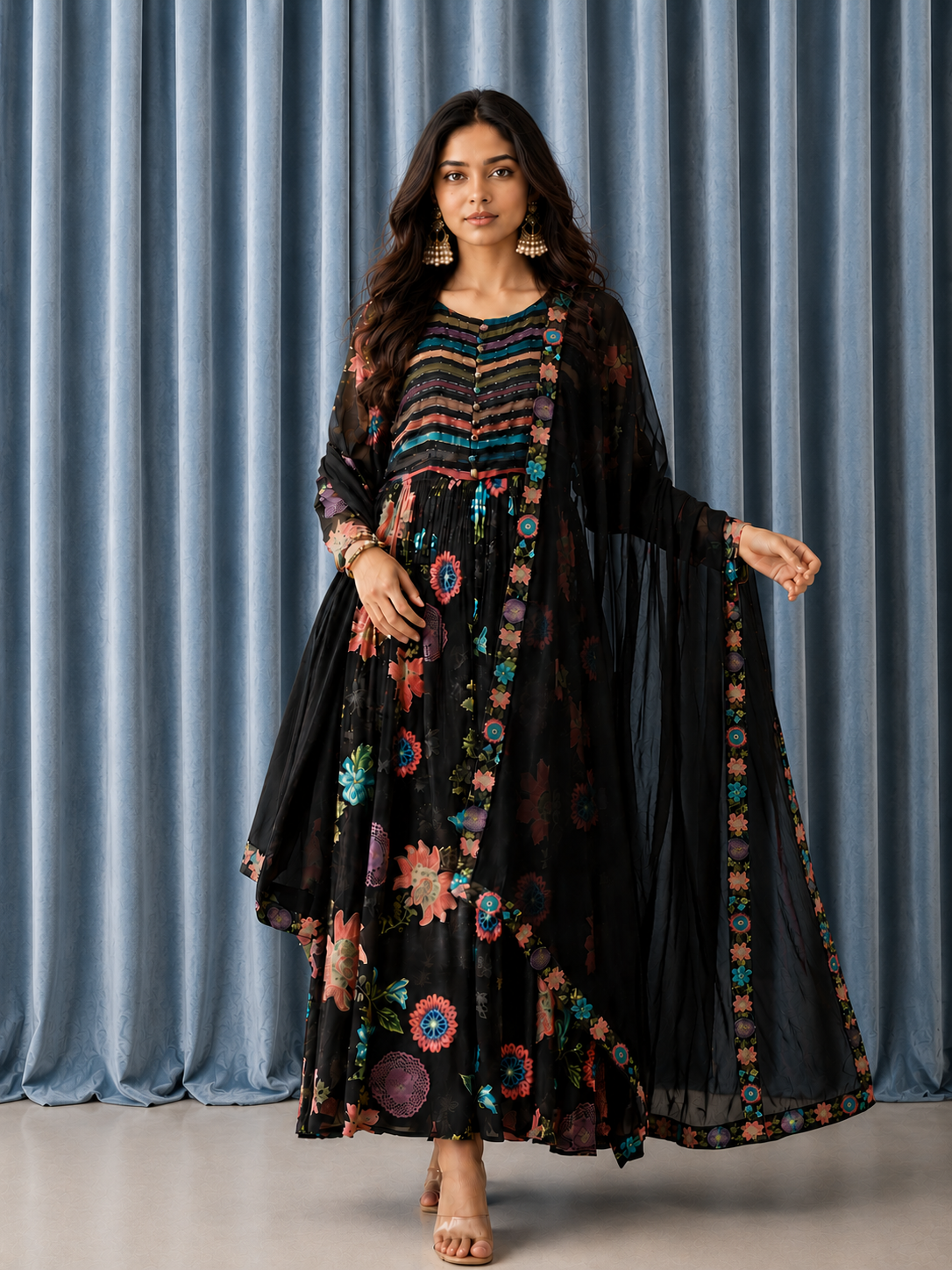 Women's Silk Blend Black Stitched Kurta set