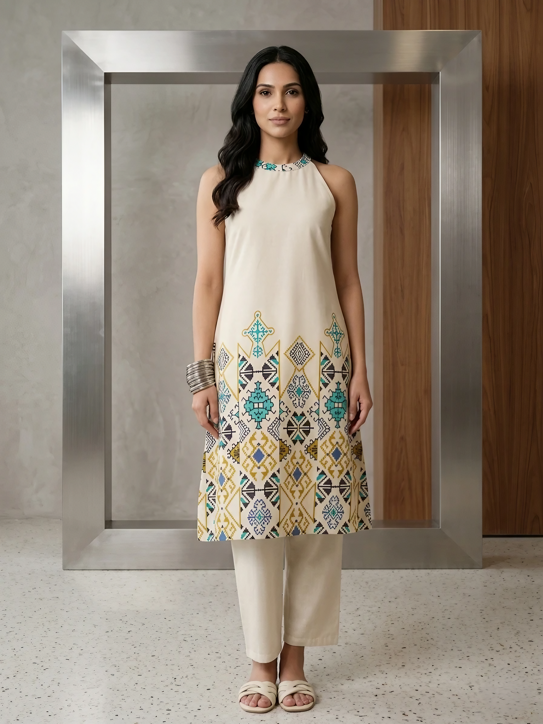 Women Cotton Cream Printed Stitched Kurti
