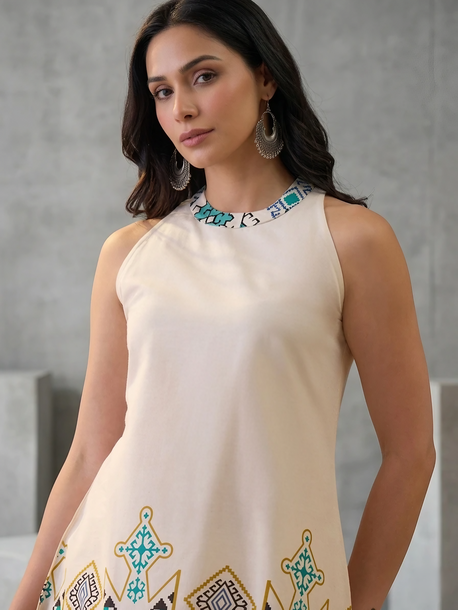 Women Cotton Cream Printed Stitched Kurti