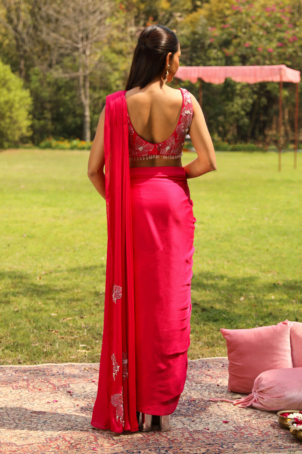Rani Pink Piyari Drape Saree with Embellished Floral Blouse