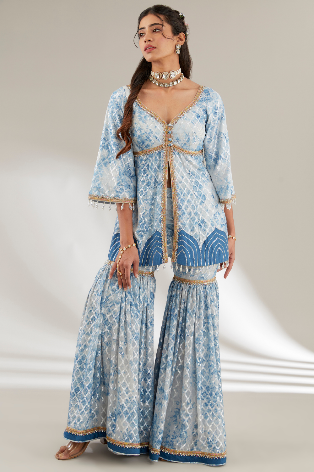 Kashvi Blue Peplum Set with Flared Garara in Upada Silk & Organza