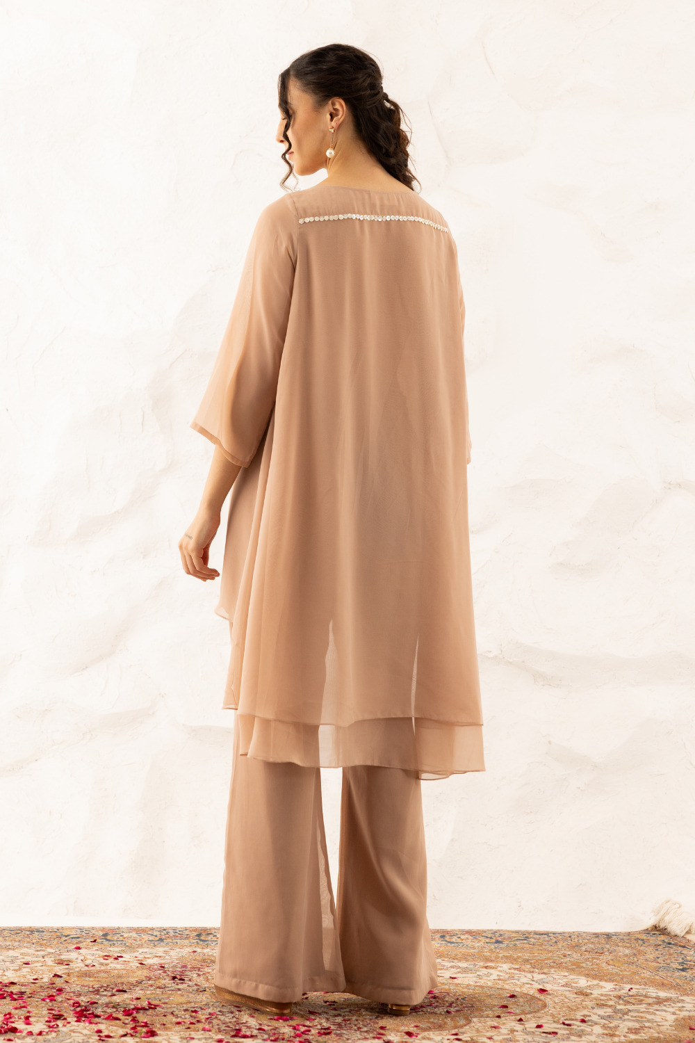 Kiara Co-ord Set – Nude Georgette Ensemble with Crystal Applique
