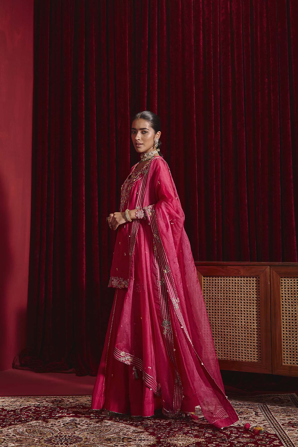 Rani Pink Embroidered Dupion Silk Kurta Garara Set - Barkat Collection