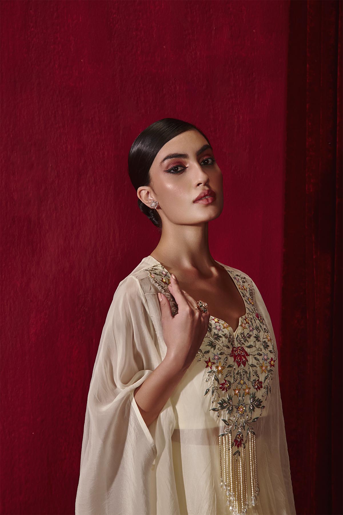 Chahat Ivory Embroidered Cape and Modal Silk Pick-up Skirt Set