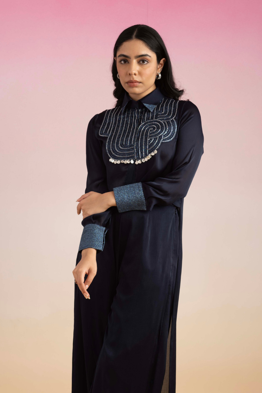 Sky Blue Chiffon Cham Cham Co-ord Set with Dori Embroidery