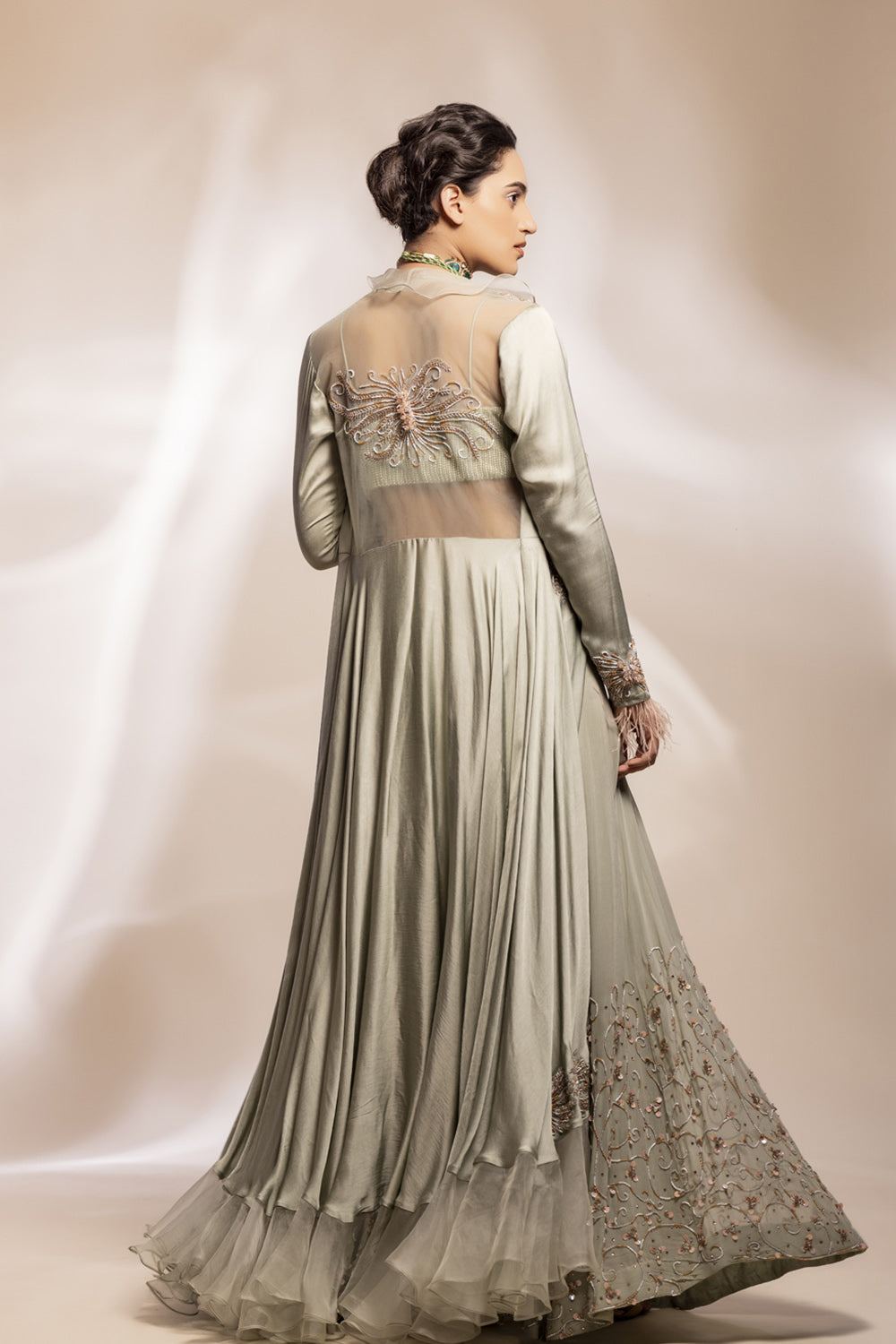 Sage Green Modal Silk Jacket With 3D Motifs And Sheer Ruffle, Paired With Flared Sharara. - Auraya Fashion 