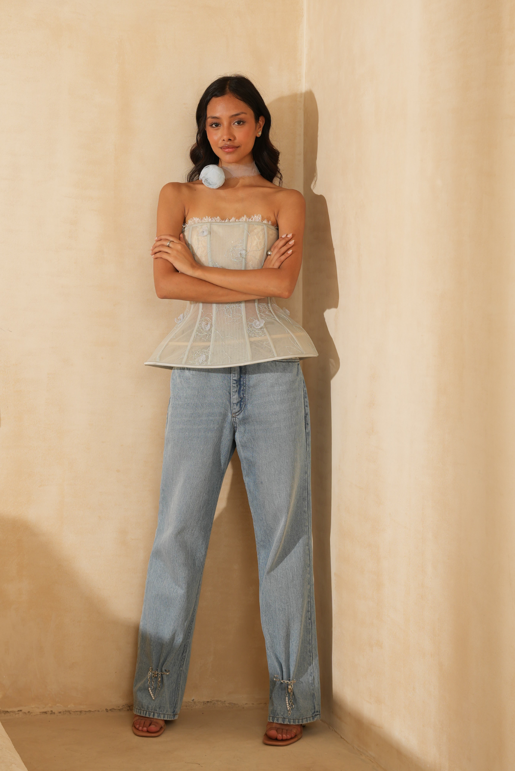 Blue Wash Silk Mesh Corset Top – Structured Luxury Evening Wear