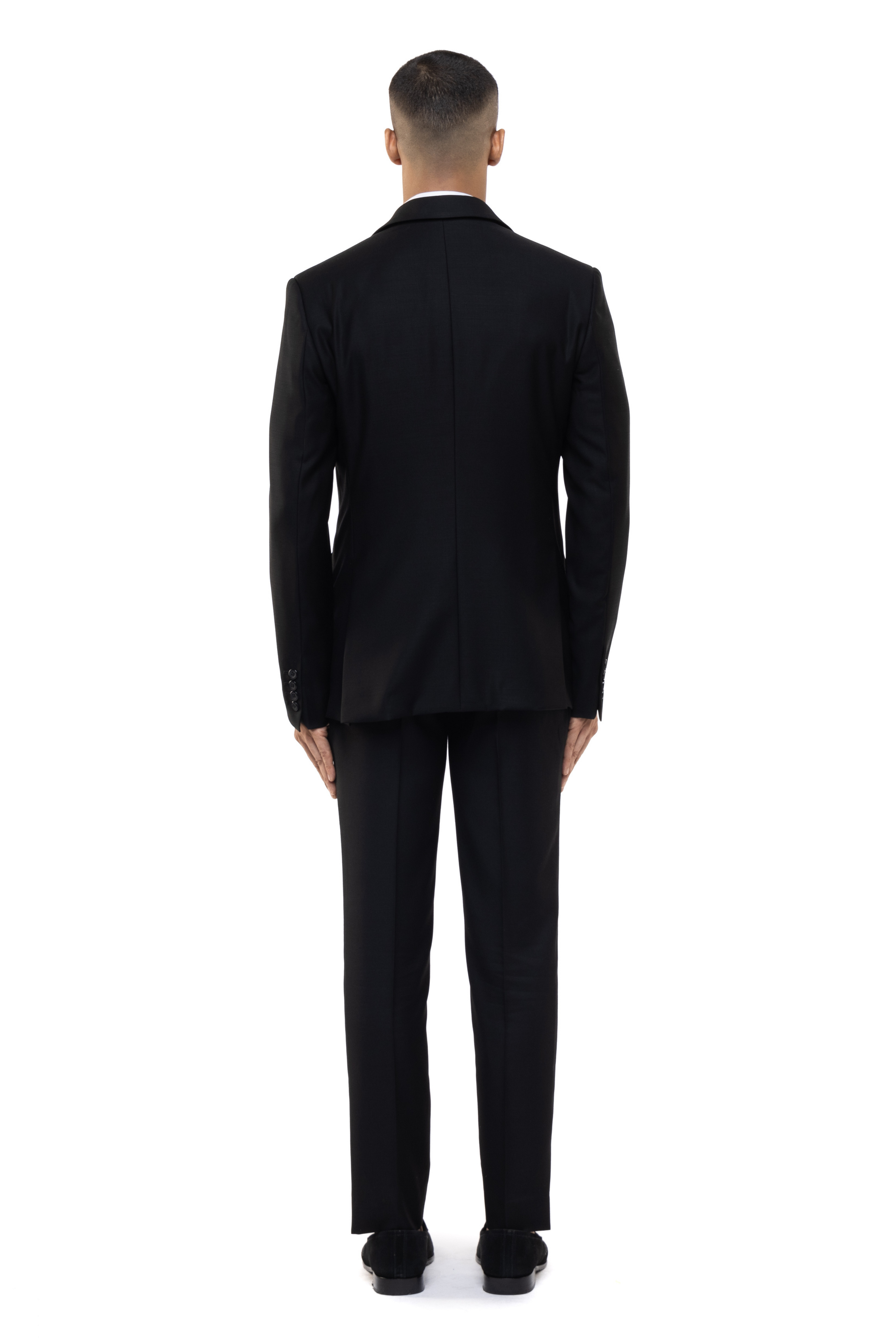 Black Worsted Wool Peak Lapel Beaded Accent Tuxedo Set