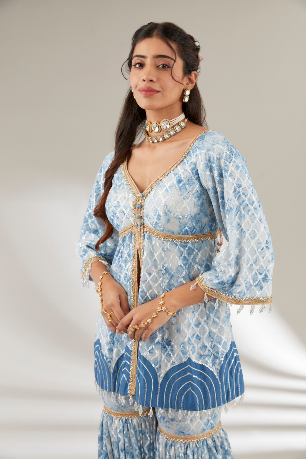 Kashvi Blue Peplum Set with Flared Garara in Upada Silk & Organza