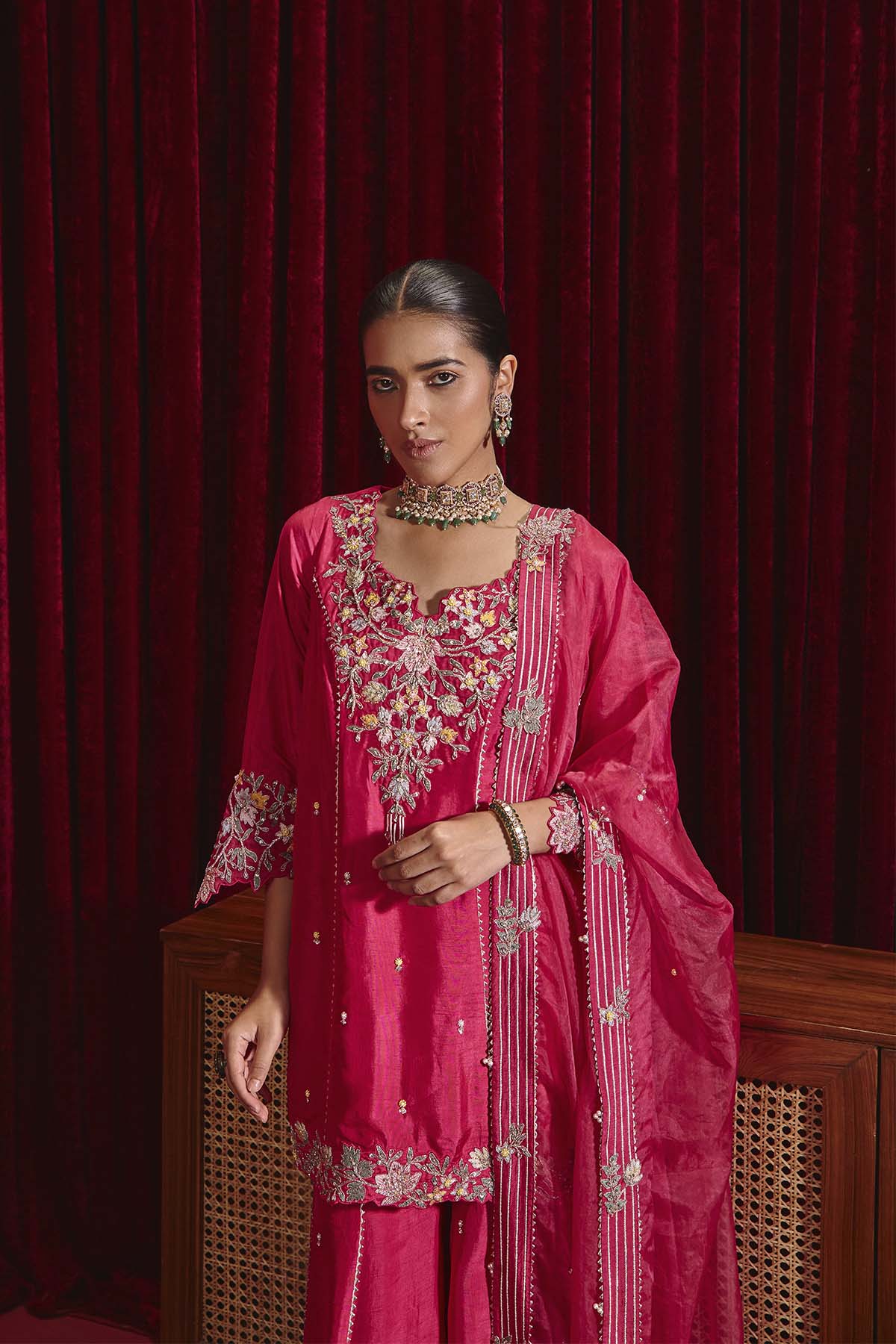 Rani Pink Embroidered Dupion Silk Kurta Garara Set - Barkat Collection