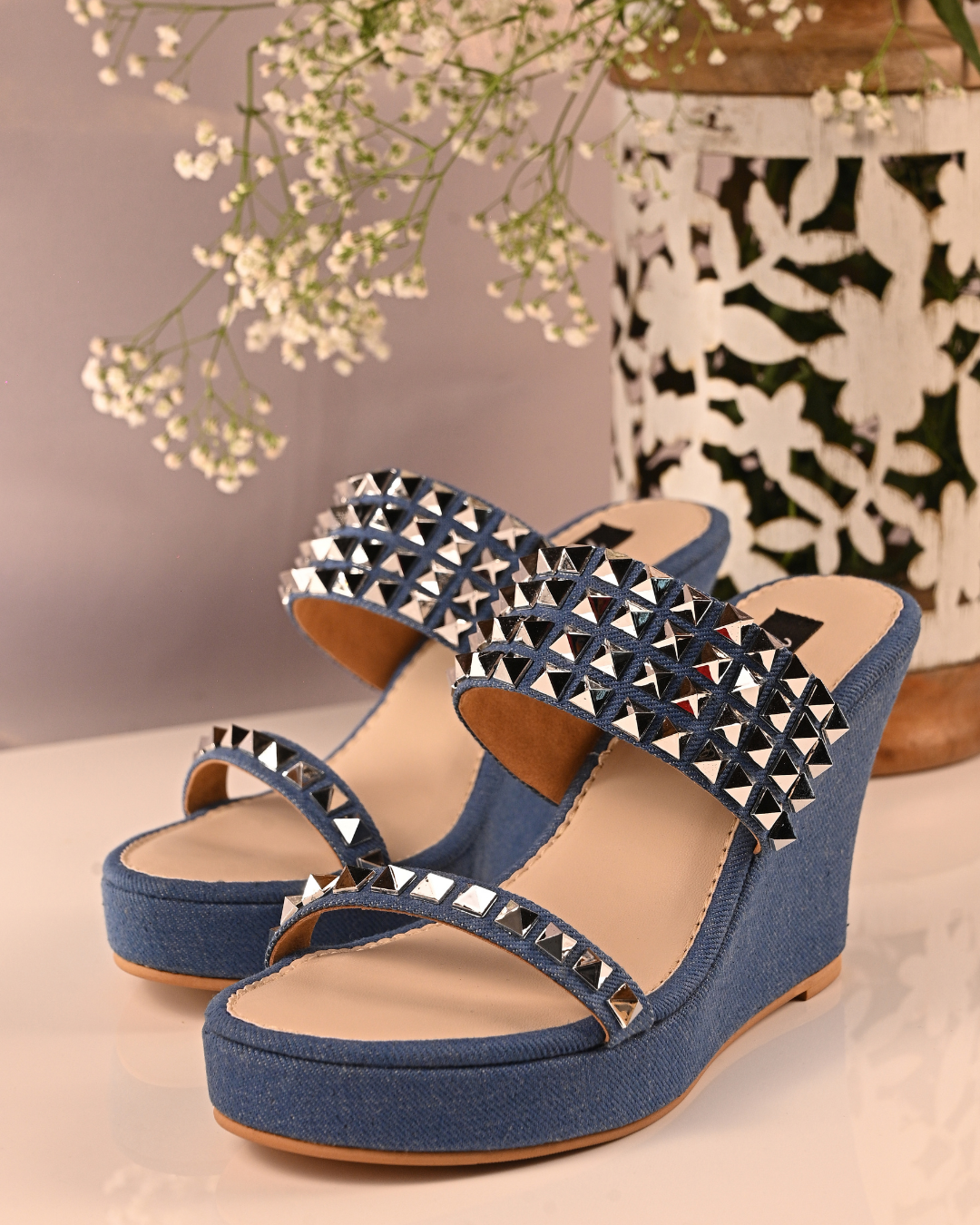 Denim Studded Wedges