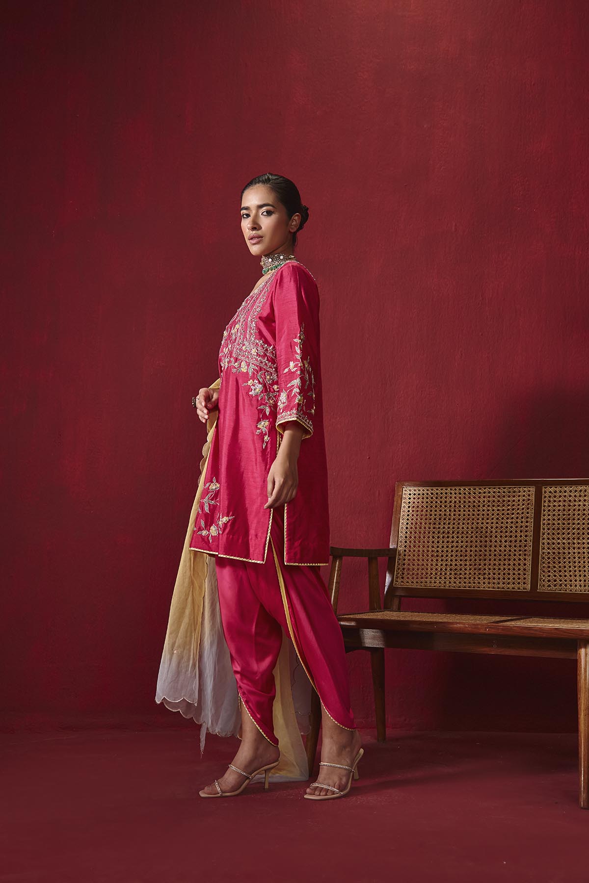 Rani Pink Embroidered Silk Kurta with Gota Dhoti and Organza Dupatta