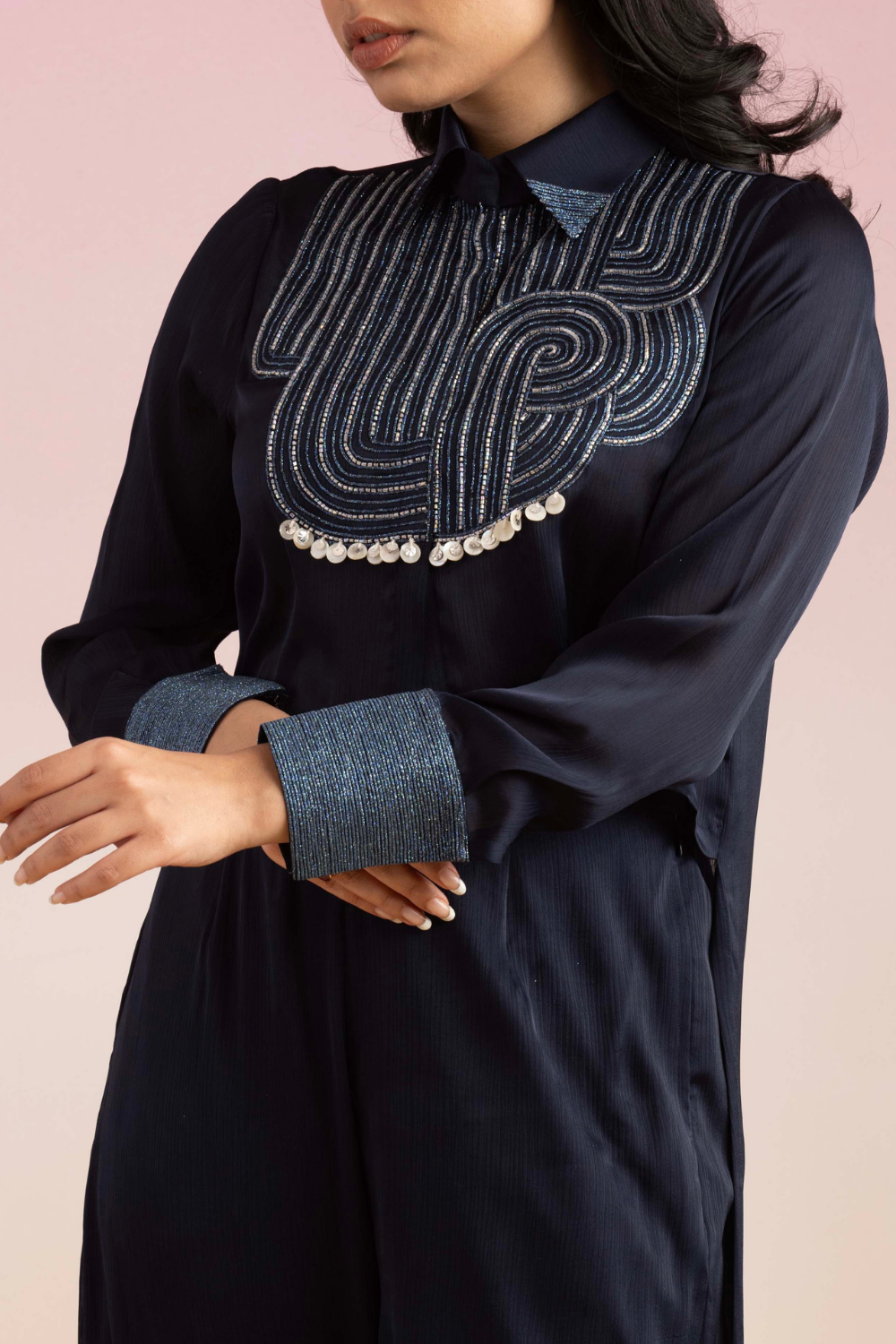 Sky Blue Chiffon Cham Cham Co-ord Set with Dori Embroidery