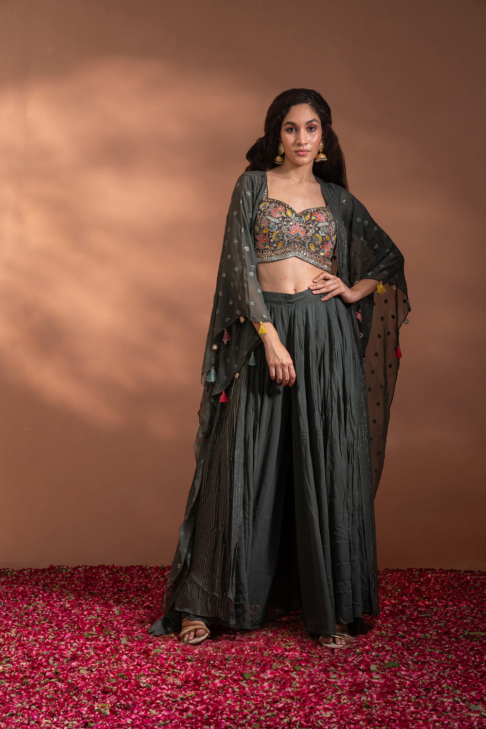 Dark Grey Palazzo Crop-Top Set In Georgette With Shrug - Auraya Fashion - Riyaasat - #tag1# - #tag2# - #tag3# - #tag3#