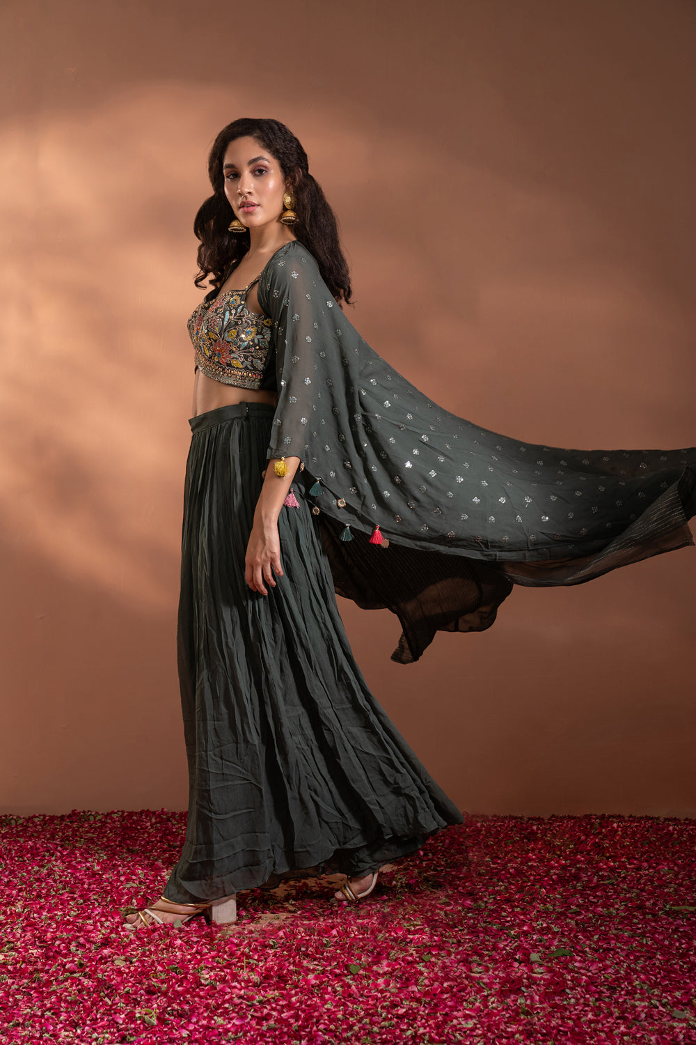 Dark Grey Palazzo Crop-Top Set In Georgette With Shrug - Auraya Fashion -  - #tag1# - #tag2# - #tag3# - #tag3#