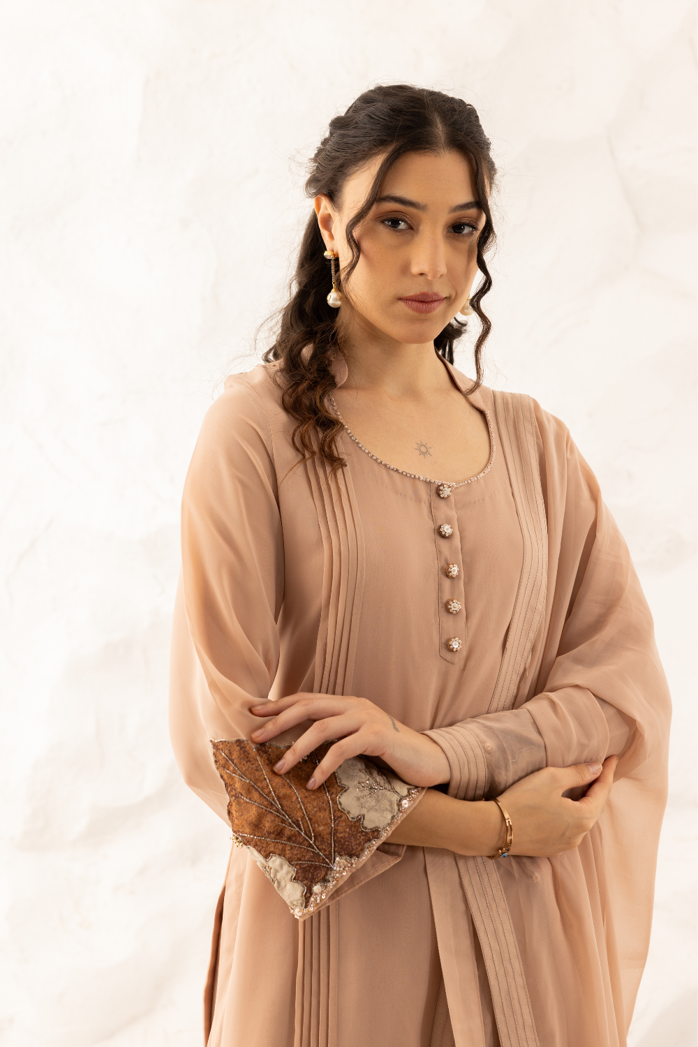 Anika Nude Georgette Suit with Palazzo and Dupatta - 3 Piece Set