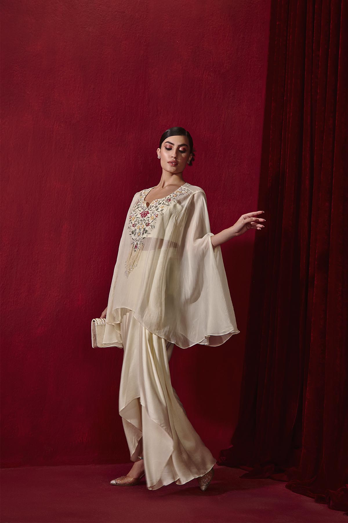 Chahat Ivory Embroidered Cape and Modal Silk Pick-up Skirt Set