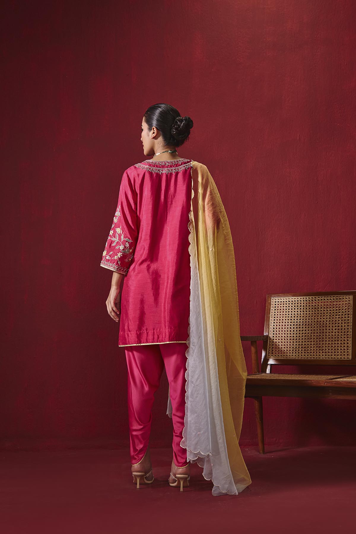 Rani Pink Embroidered Silk Kurta with Gota Dhoti and Organza Dupatta