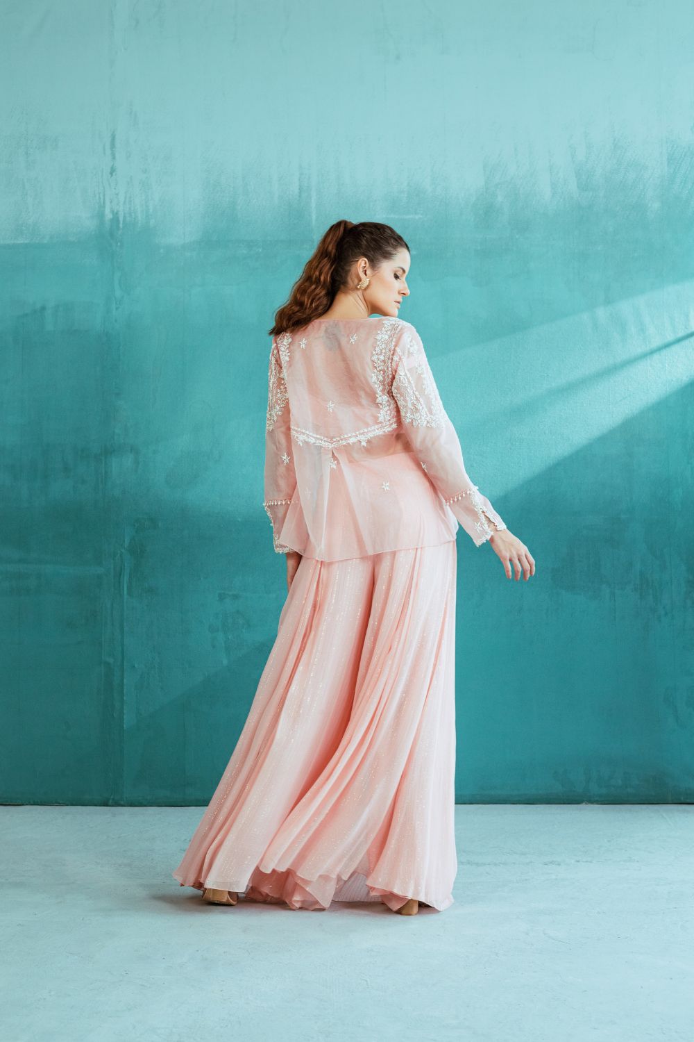 Peach Embroidered Organza Palazzo Set
