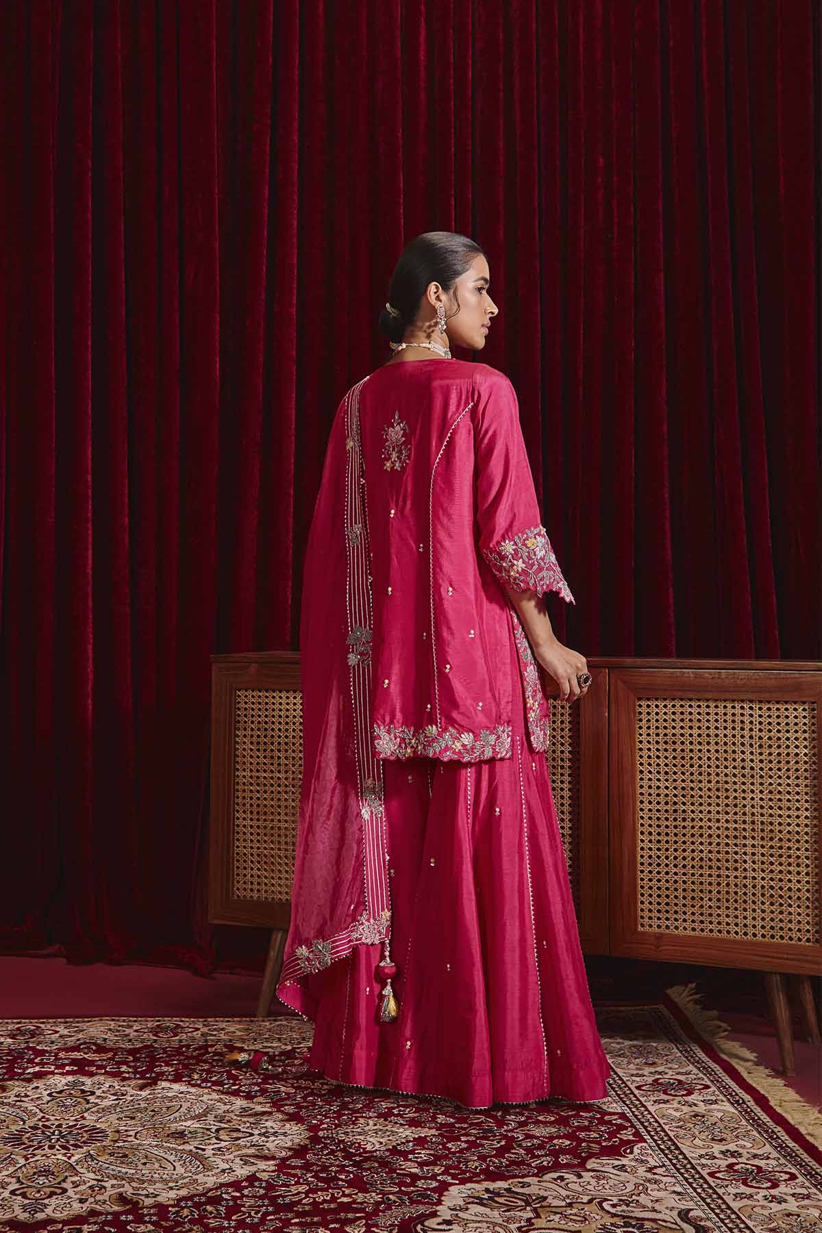 Rani Pink Embroidered Dupion Silk Kurta Garara Set - Barkat Collection