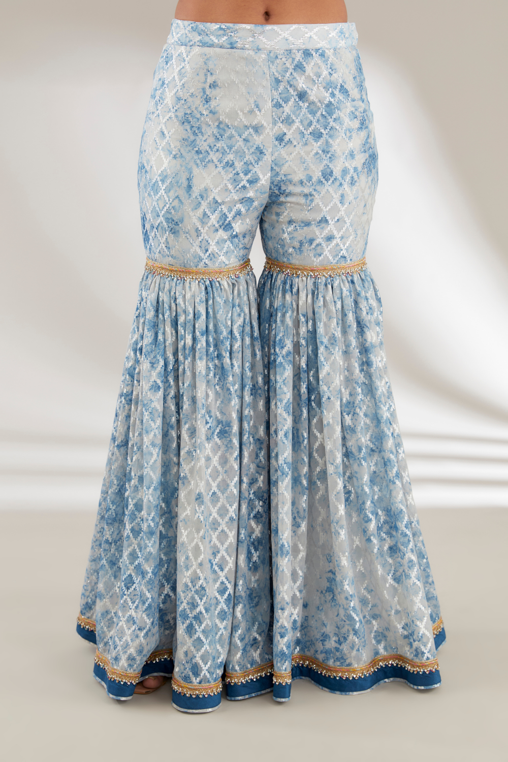 Kashvi Blue Peplum Set with Flared Garara in Upada Silk & Organza