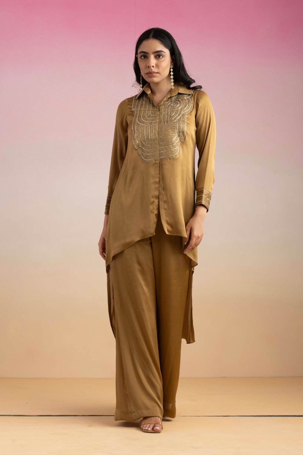 Chamak Honey Gold Chiffon Co-ord Set with Dori Embroidery