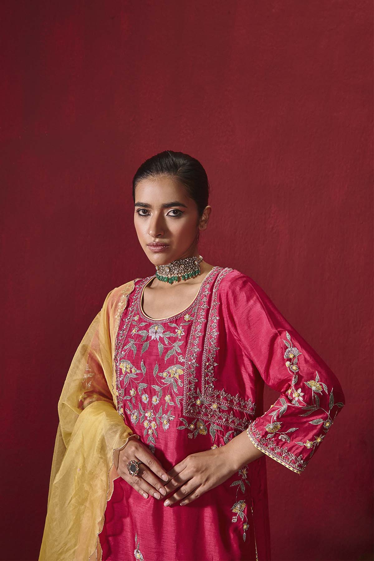 Rani Pink Embroidered Silk Kurta with Gota Dhoti and Organza Dupatta