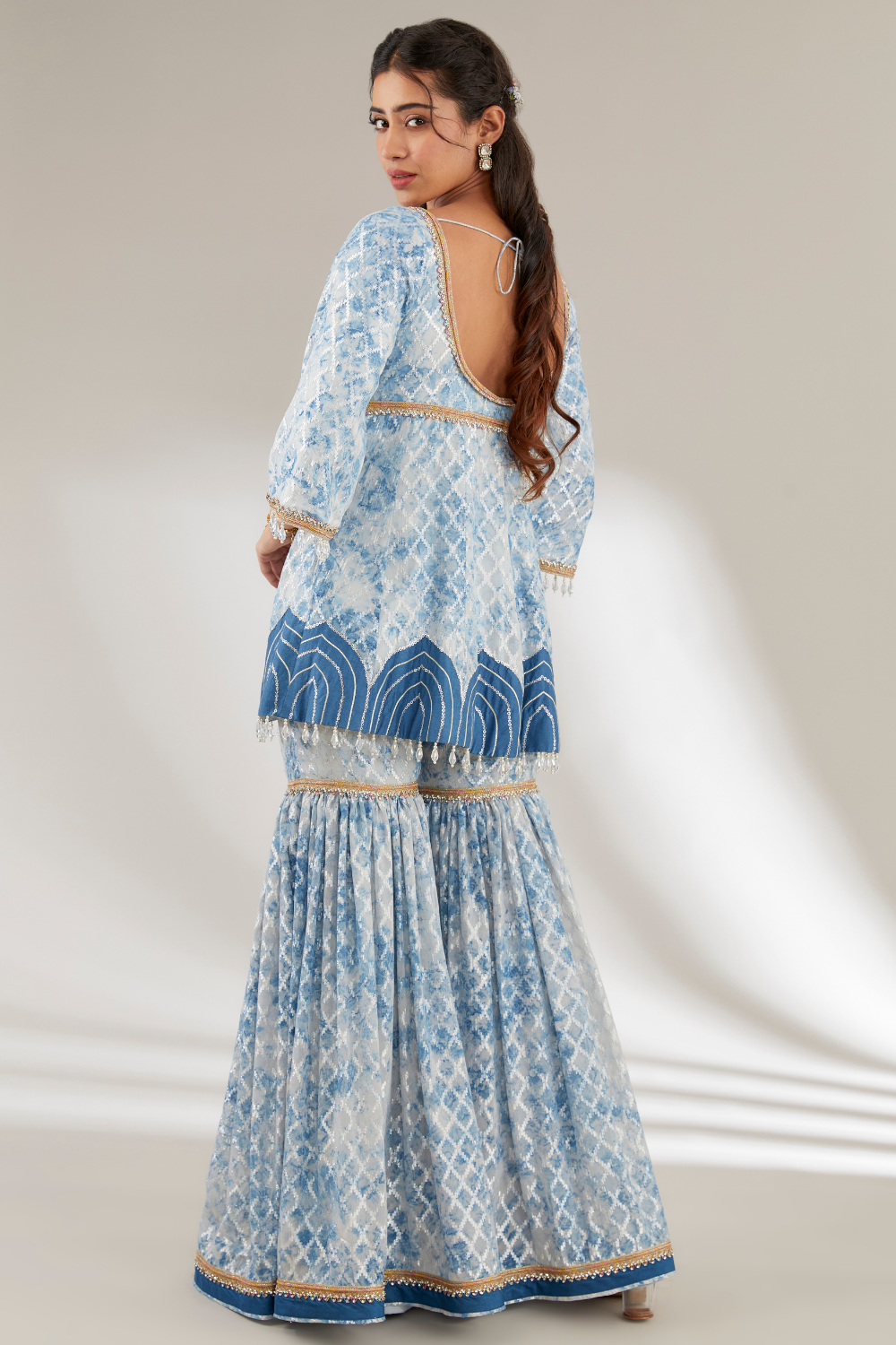 Kashvi Blue Peplum Set with Flared Garara in Upada Silk & Organza