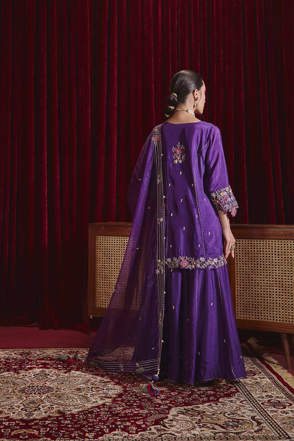 Manu Purple Dupion Silk Embroidered Kurta Set with Organza Dupatta