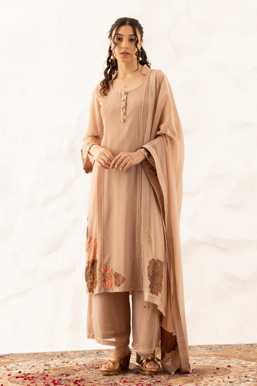 Anika Nude Georgette Suit with Palazzo and Dupatta - 3 Piece Set