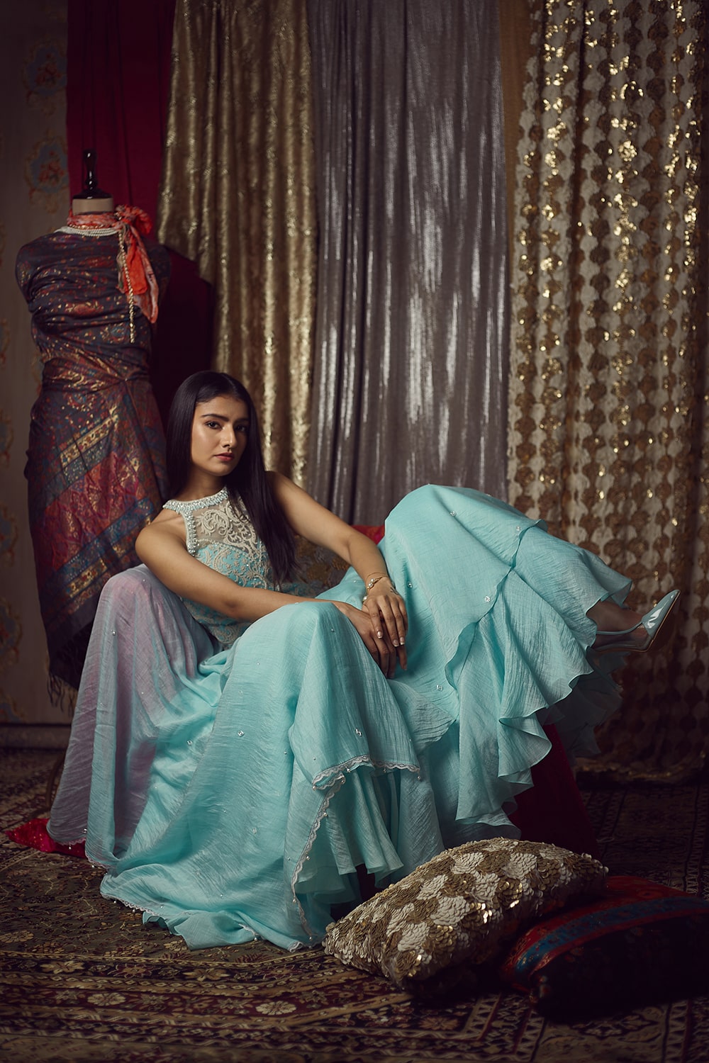 Aqua Pearl Embellishment Anarkali Set