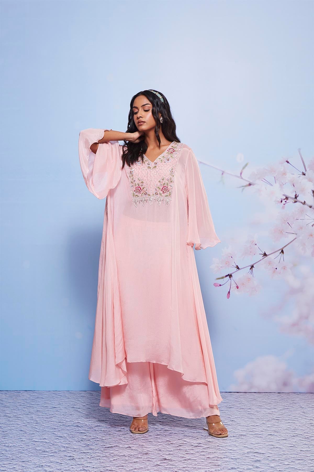 Chakori Baby Pink Embroidered Asymmetrical Kurta Set with Palazzos