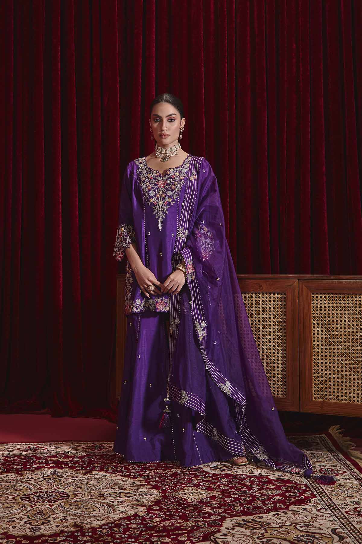 Manu Purple Dupion Silk Embroidered Kurta Set with Organza Dupatta