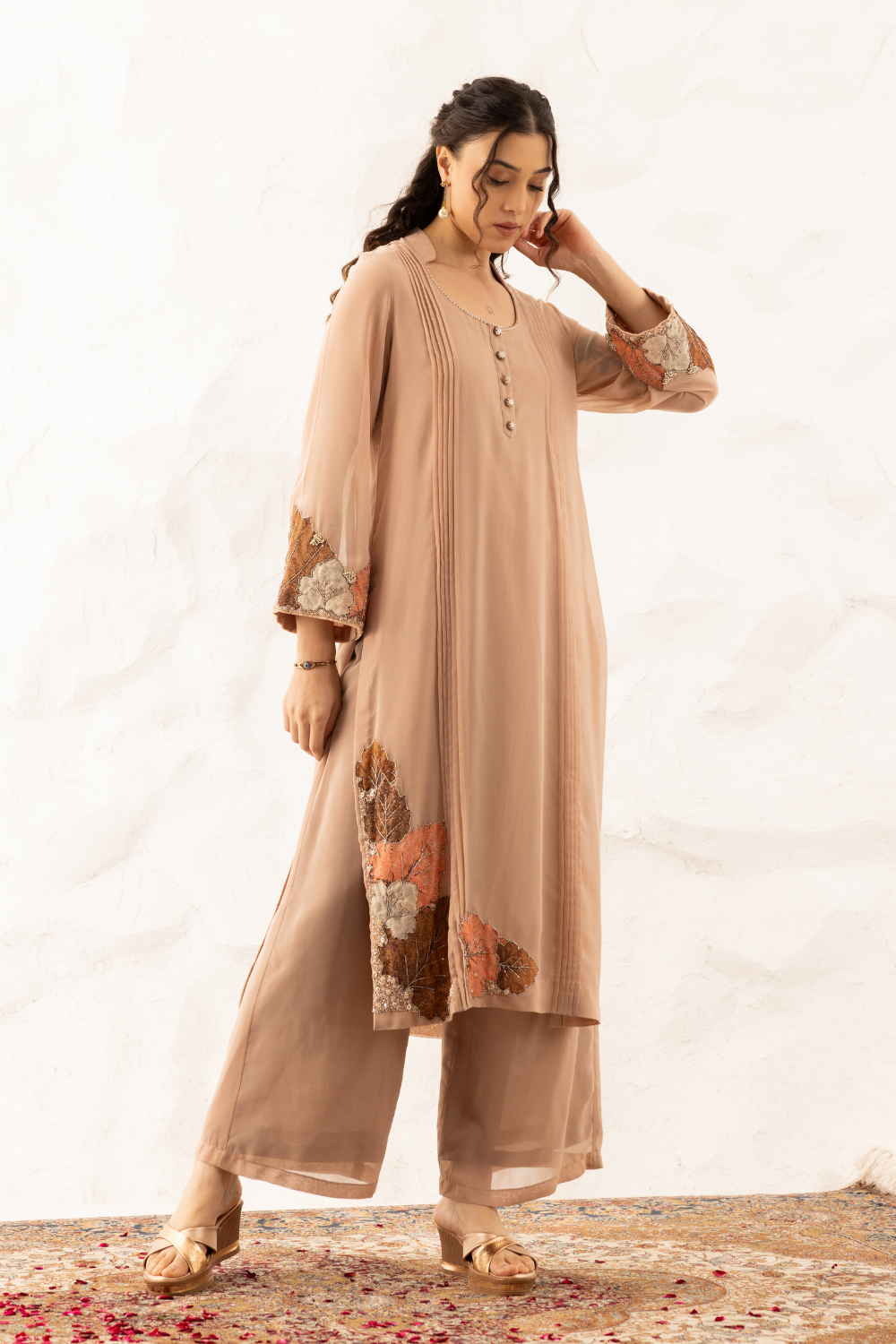 Anika Nude Georgette Suit with Palazzo and Dupatta - 3 Piece Set