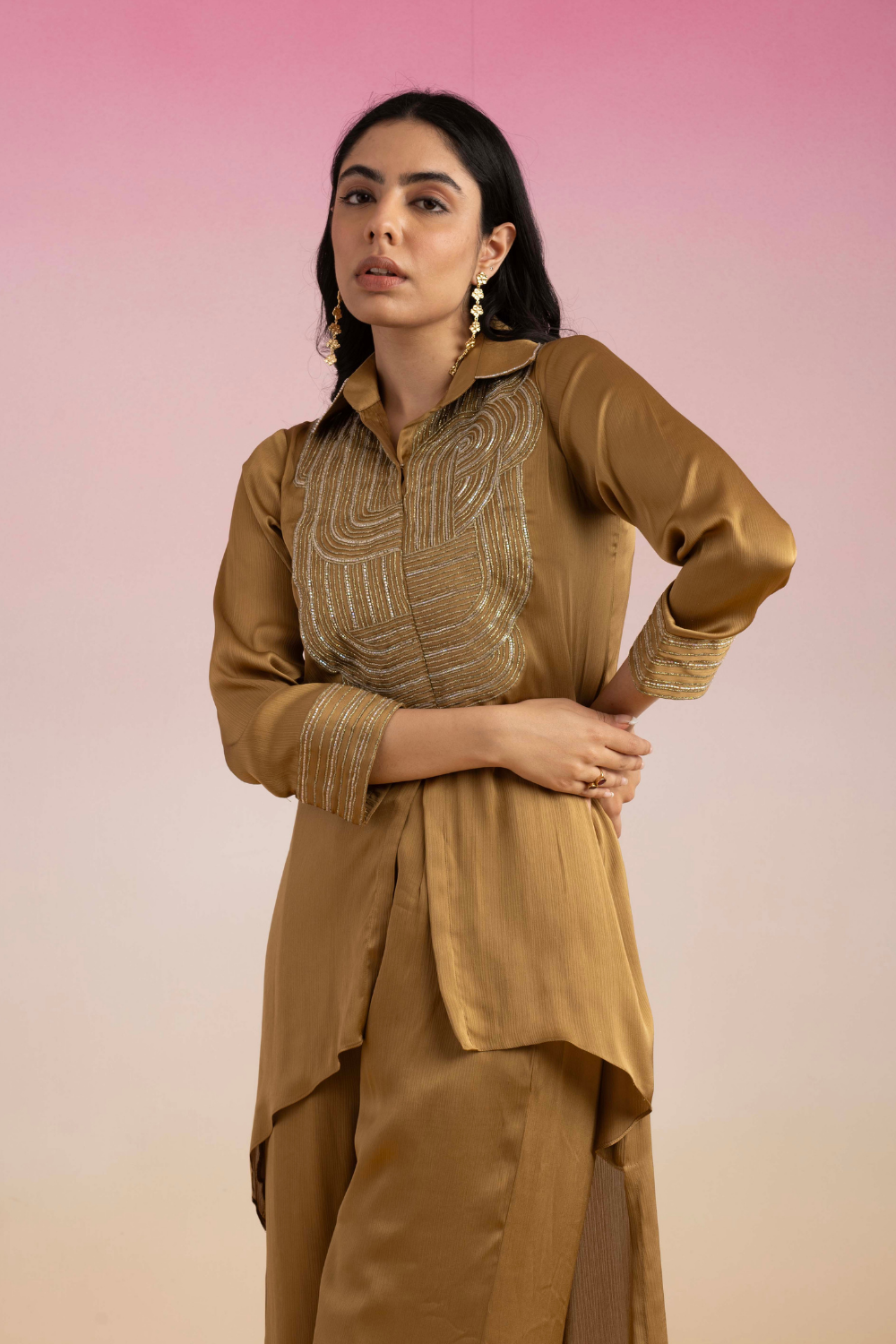 Chamak Honey Gold Chiffon Co-ord Set with Dori Embroidery